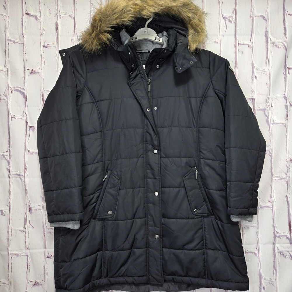Weatherproof Women Black Quilted Puffer Parka Faux Fur Hooded Long Jacket 2X
